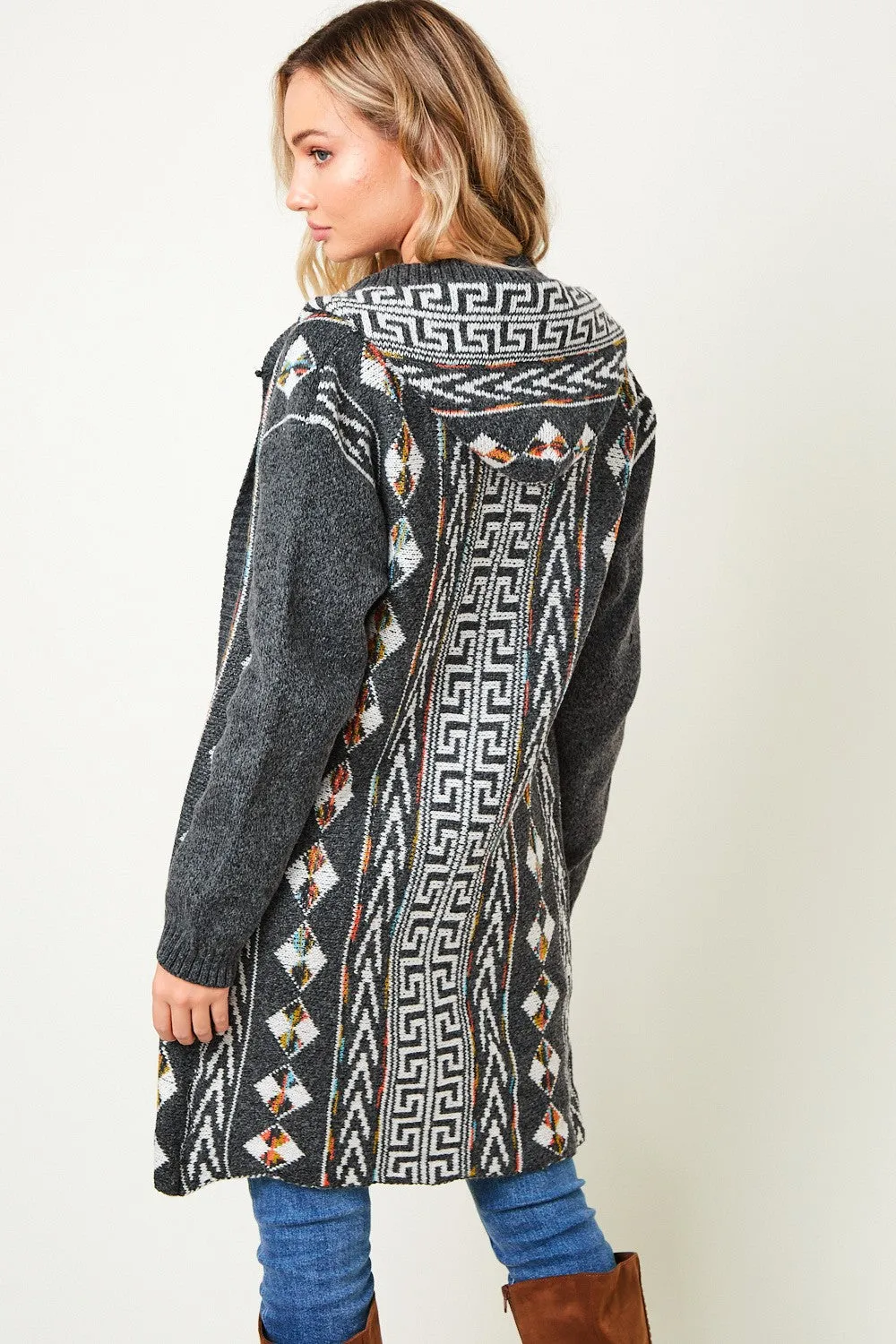 Aztec Pattern Long Sleeve Hooded Open Front Long Sweater Cardigan