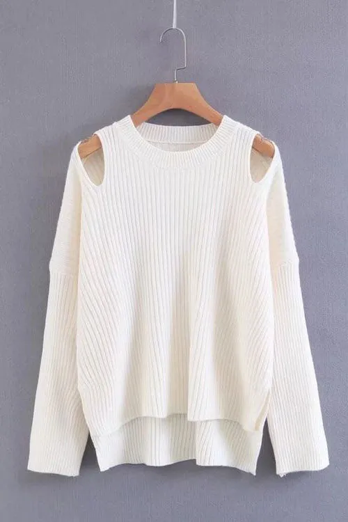 Bear Shoulder Cut Out Low High Solid Color Sweater