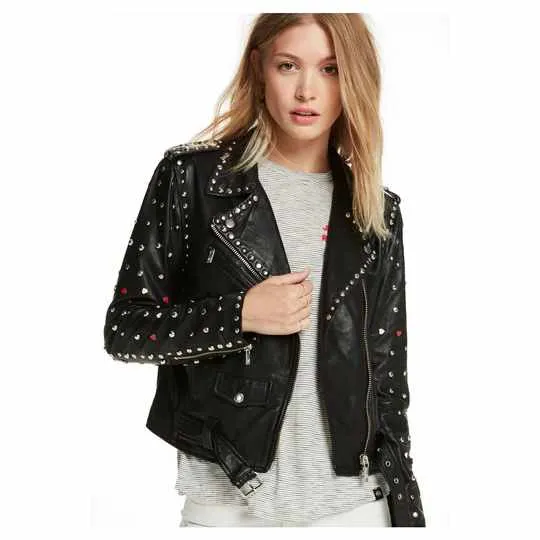 Black Women Studded Leather Motorcycle Jacket