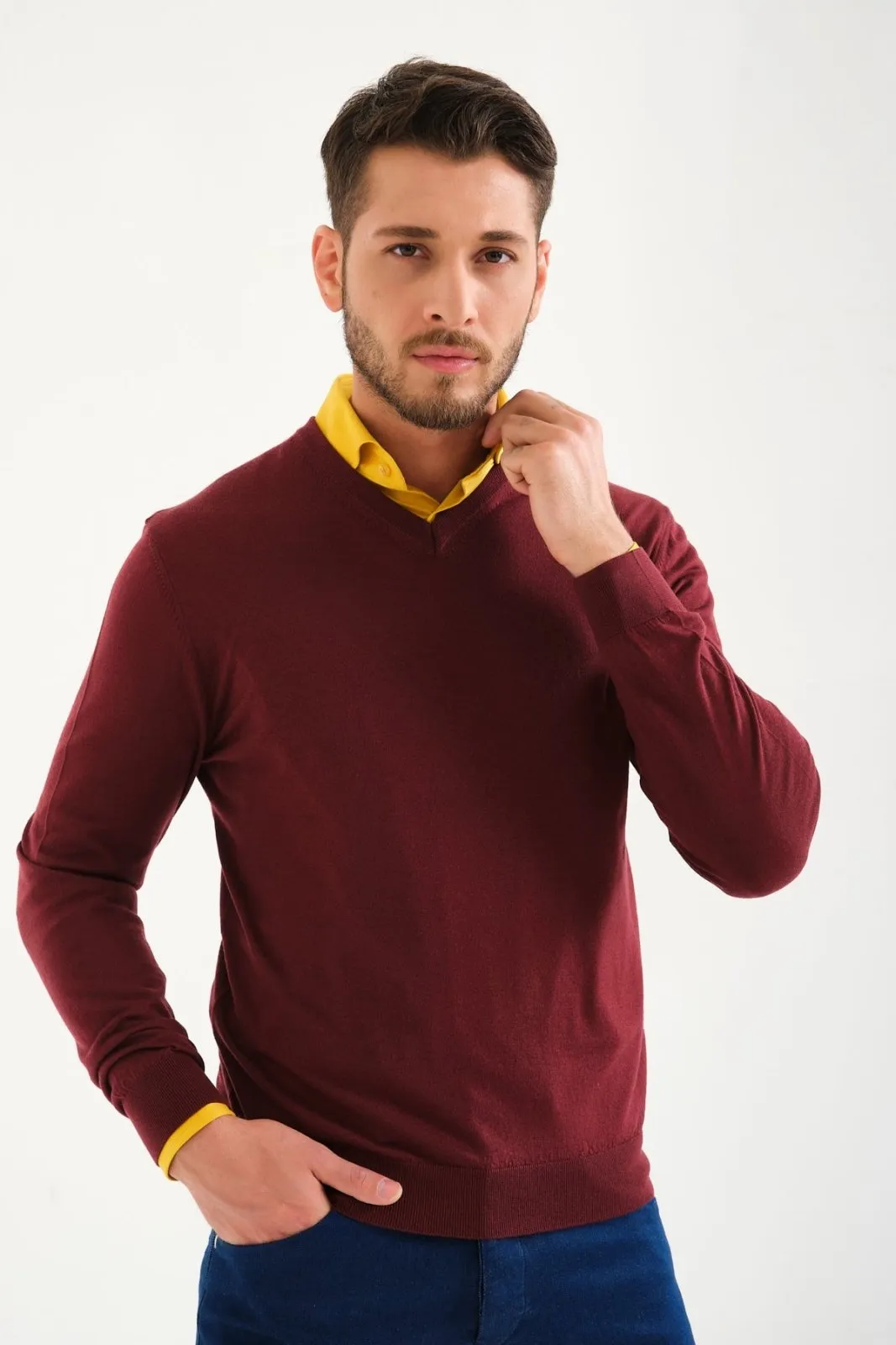 Burgundy V-Collar Wool Sweater