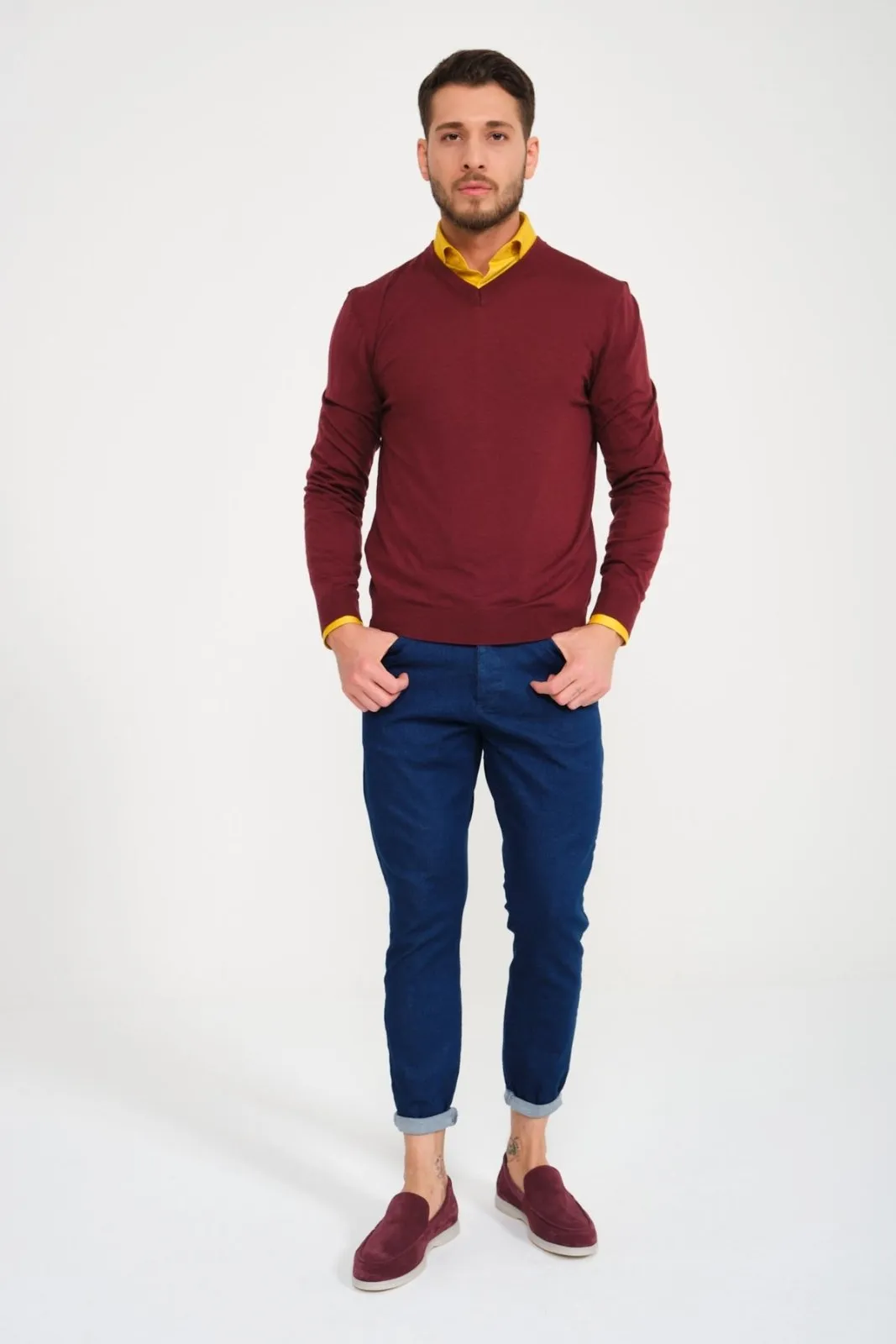 Burgundy V-Collar Wool Sweater