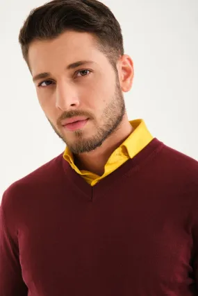 Burgundy V-Collar Wool Sweater