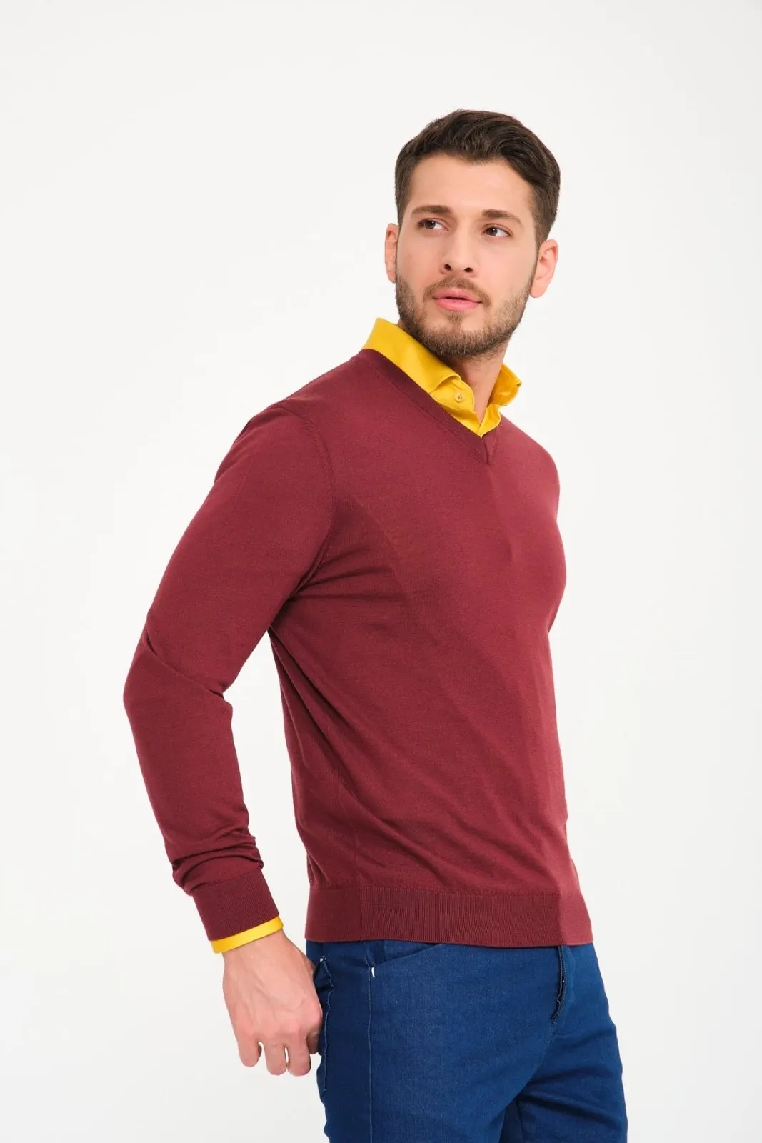 Burgundy V-Collar Wool Sweater