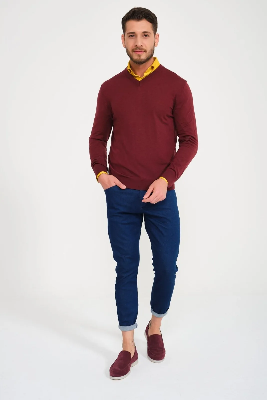 Burgundy V-Collar Wool Sweater