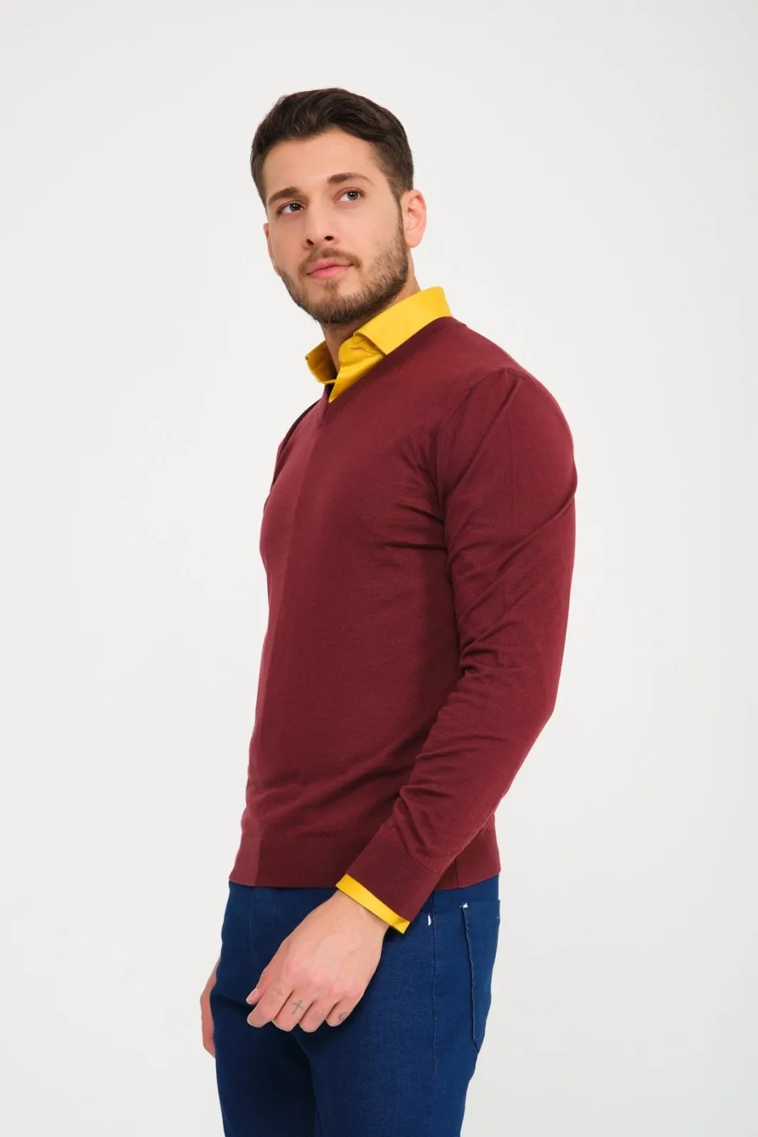 Burgundy V-Collar Wool Sweater