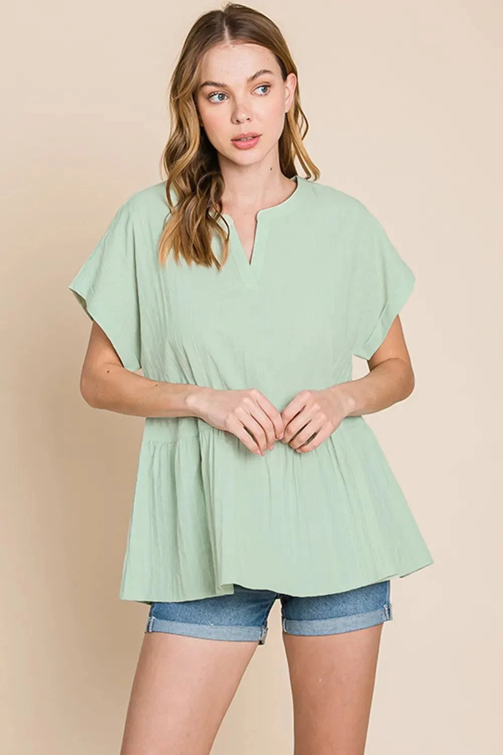 by Nu Lab Ruched Notched Short Sleeve Blouse