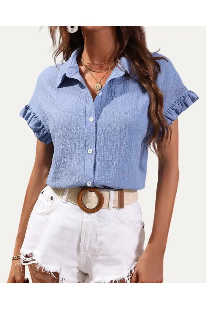 Casual and Classic Solid Short Sleeve Button-Up Top