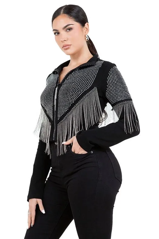 Chain Fringe & Studded Zipper Jacket Silver