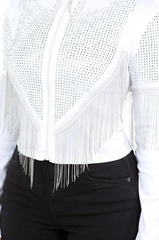 Chain Fringe & Studded Zipper Jacket White