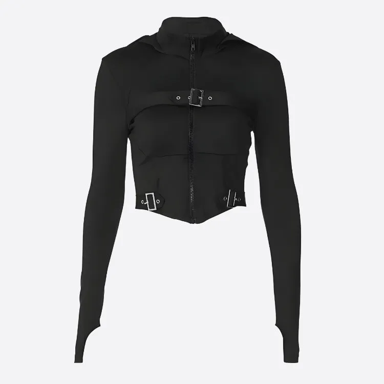 Cyberpunk Belted Zip-Up Crop Jacket