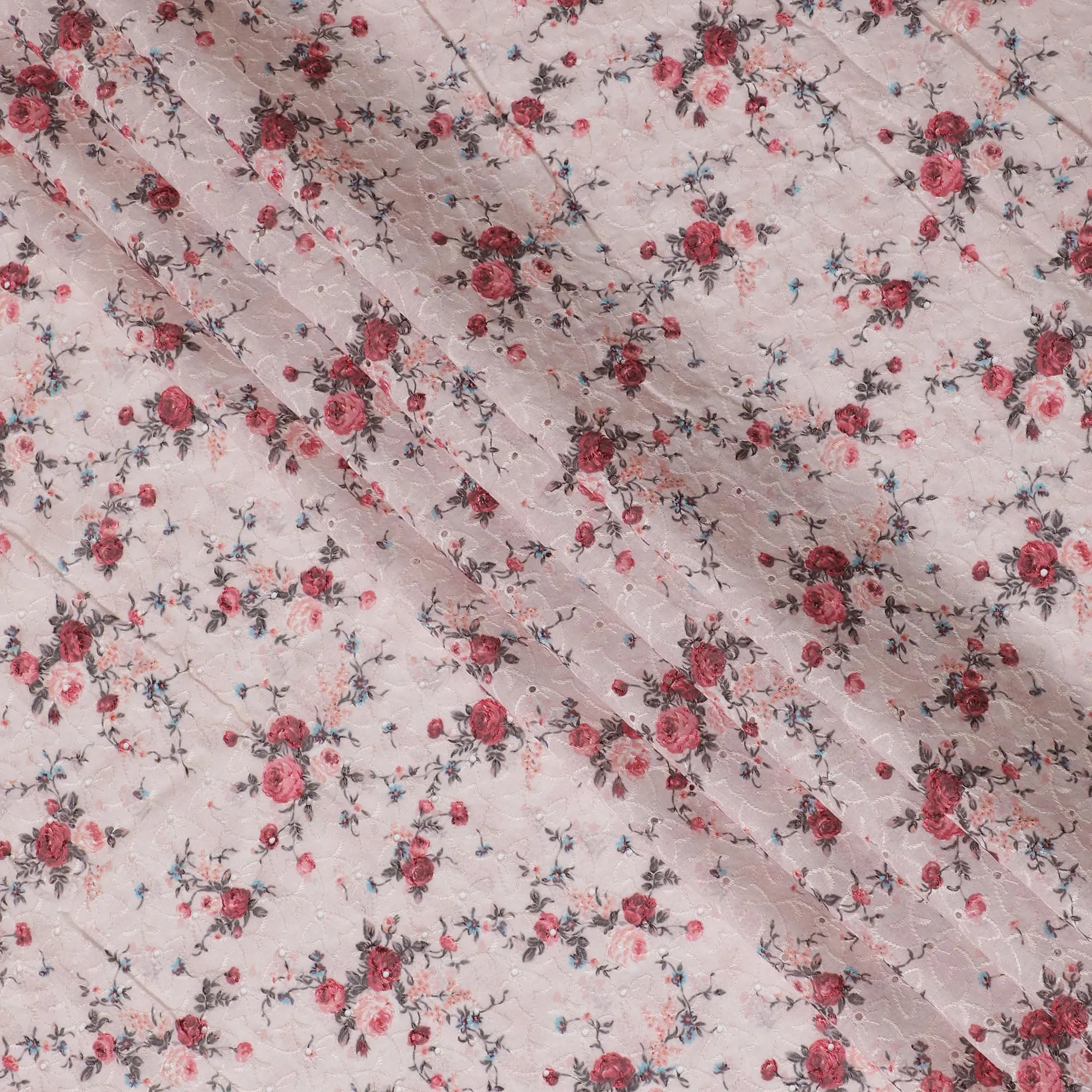 Delicate Light Pink Floral blended Cotton Lawn Fabric with Embroidery - 110 cm Wide - D19592