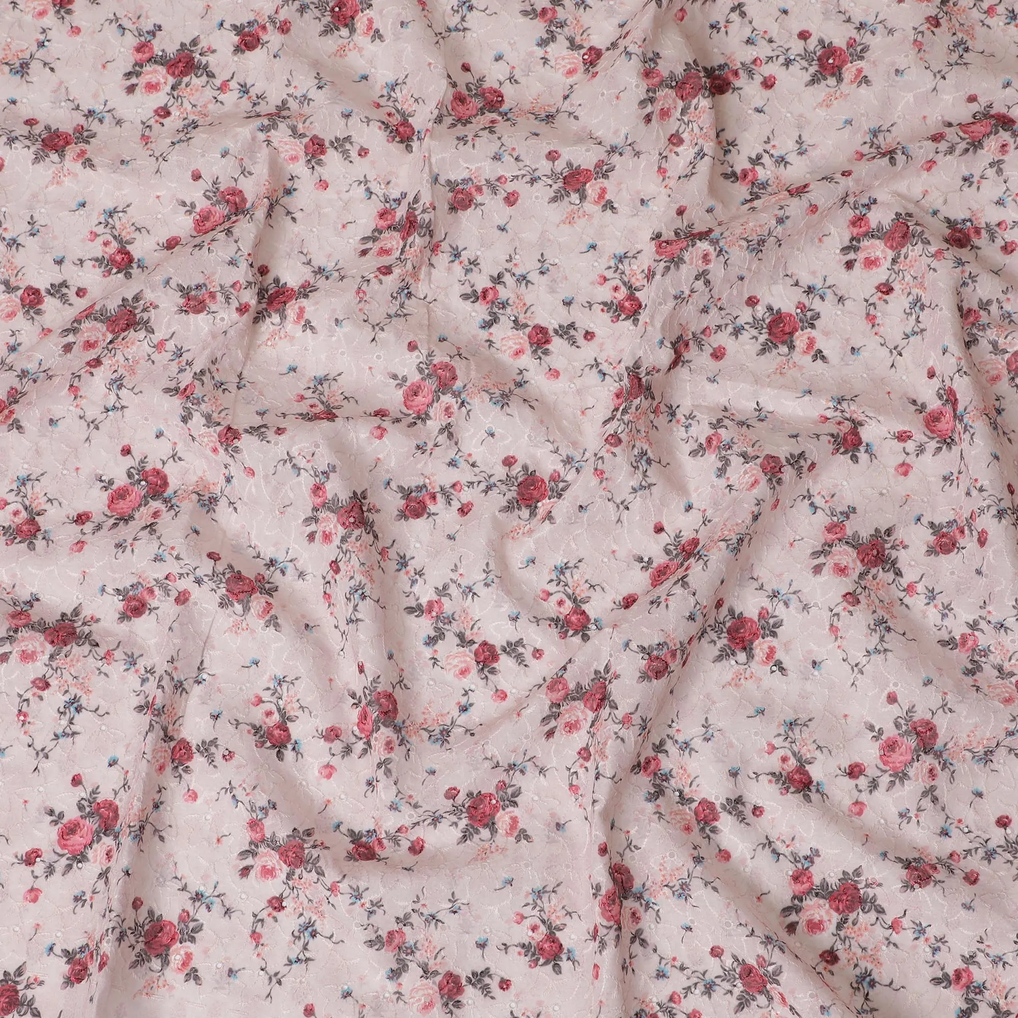 Delicate Light Pink Floral blended Cotton Lawn Fabric with Embroidery - 110 cm Wide - D19592