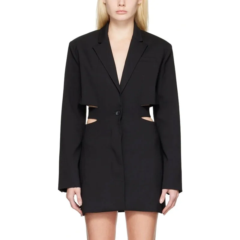 Edgy Notch Lapel Belted Shoulder Pad CutOut Single Breasted Long Tailored Blazer