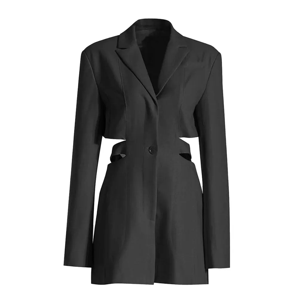 Edgy Notch Lapel Belted Shoulder Pad CutOut Single Breasted Long Tailored Blazer