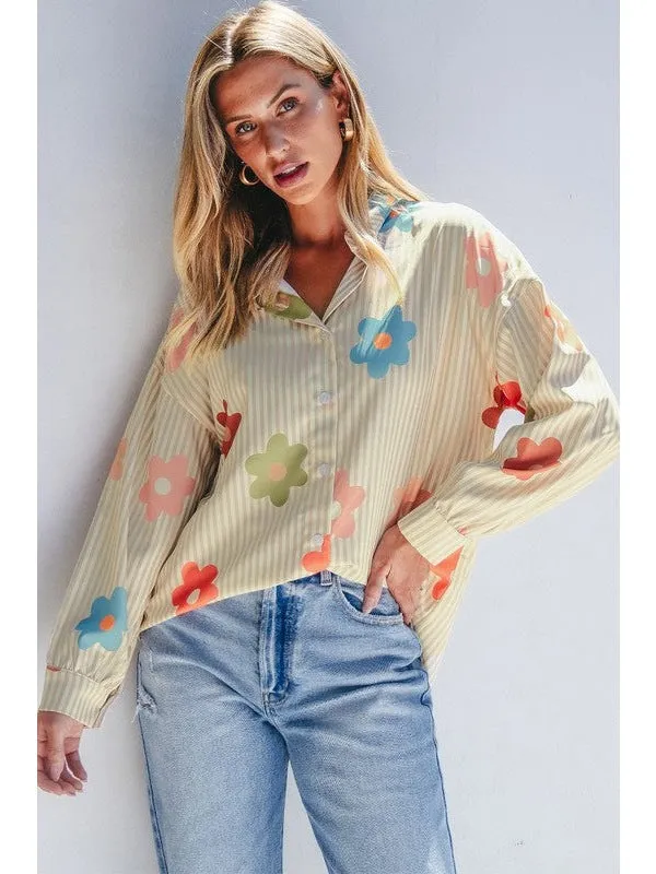 Flower Print Collared Button-up Loose Fit Blouse