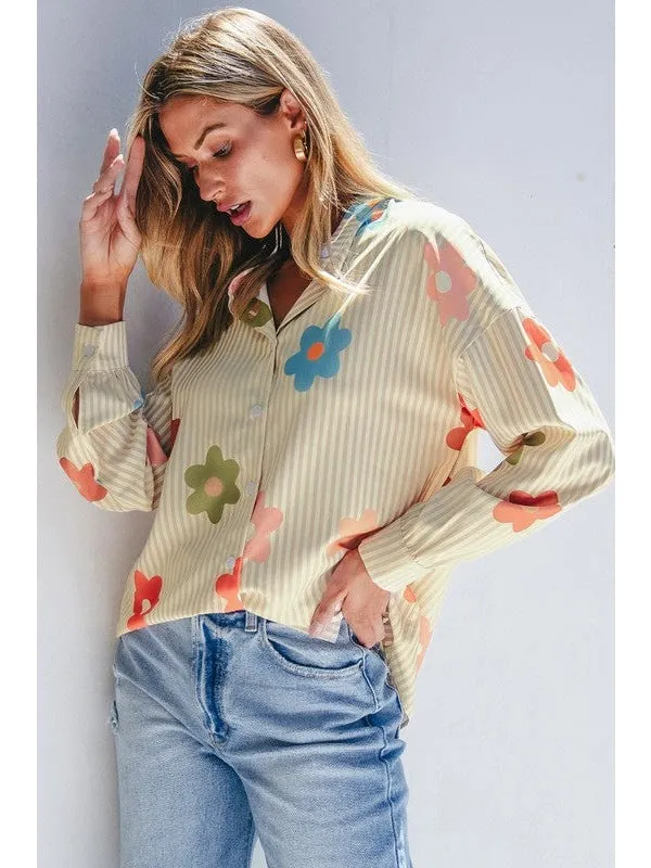 Flower Print Collared Button-up Loose Fit Blouse