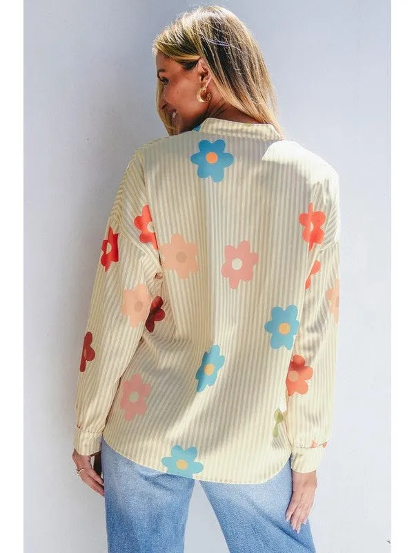 Flower Print Collared Button-up Loose Fit Blouse