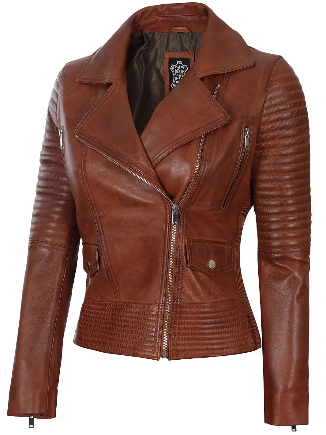 Gal gadot Womens Asymmetrical Cognac Wax Motorcycle Leather Jacket