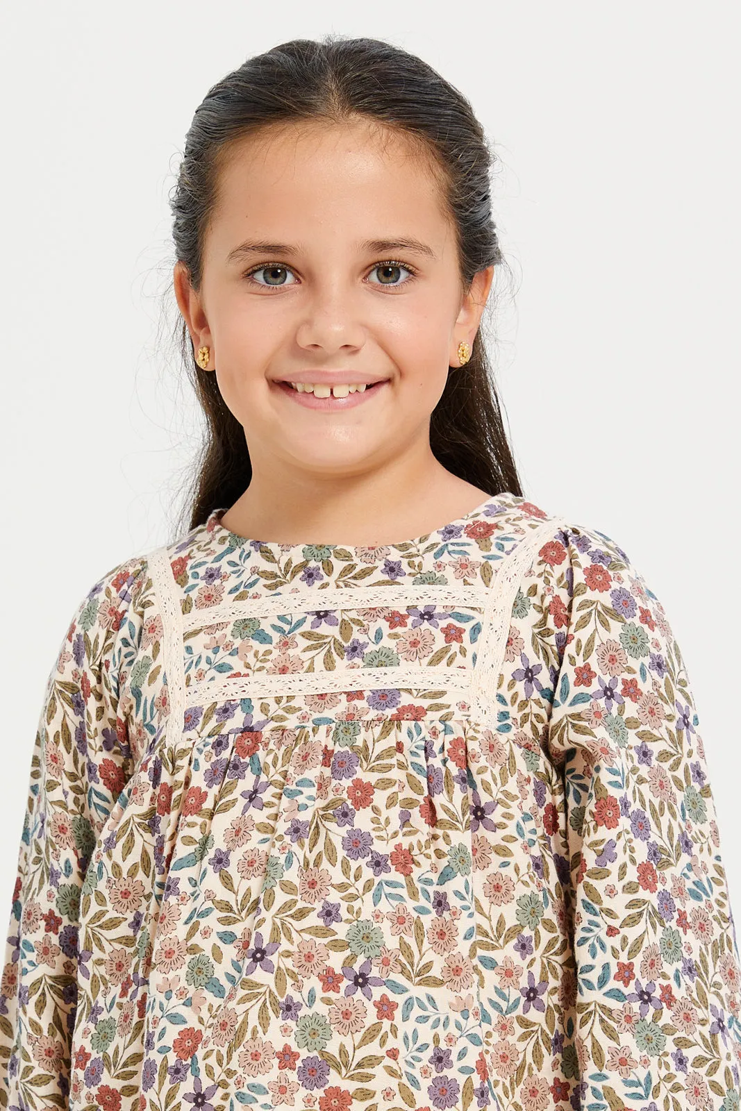 Girls Beige Floral Print Blouse