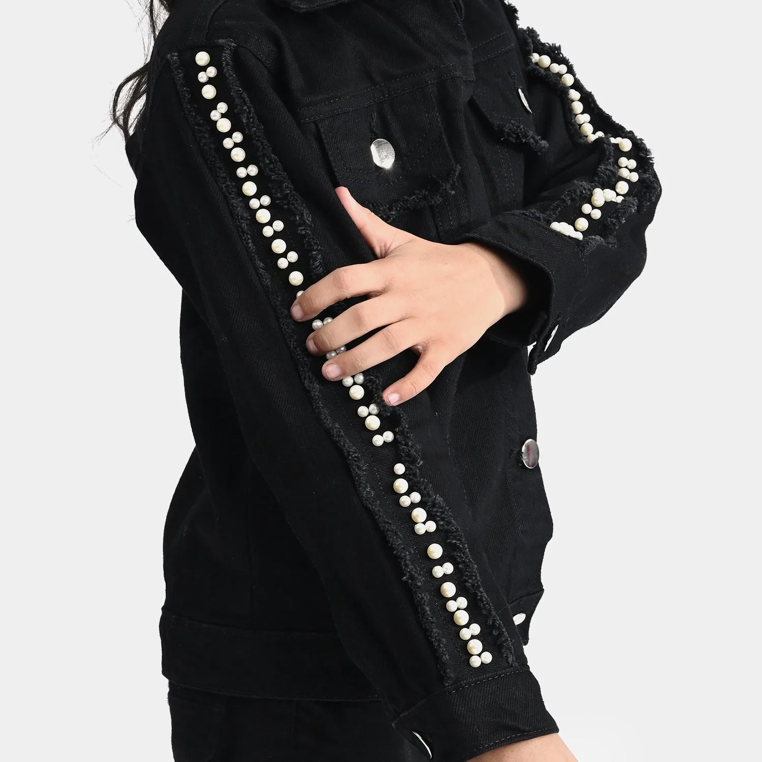 Girls Denim rigid Woven Jacket Pearl Tape-BLACK