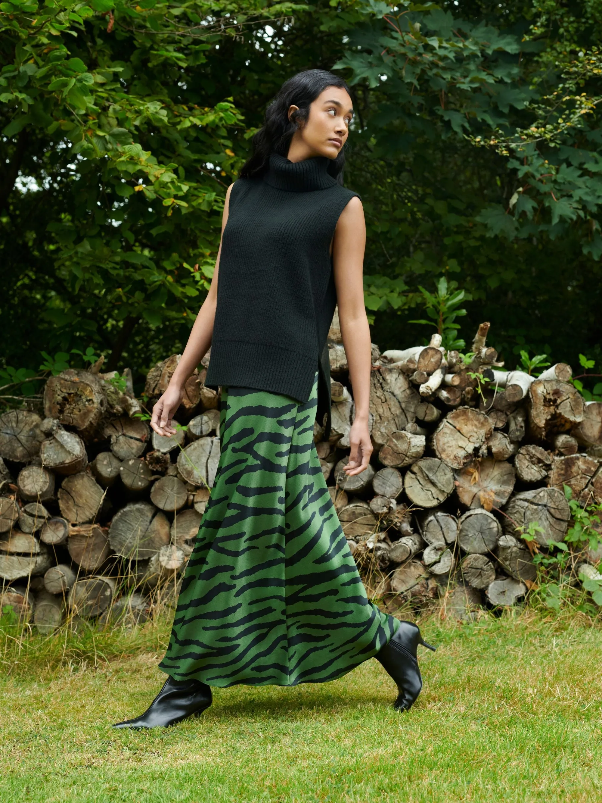 Green Zebra Print Bias Cut Maxi Skirt