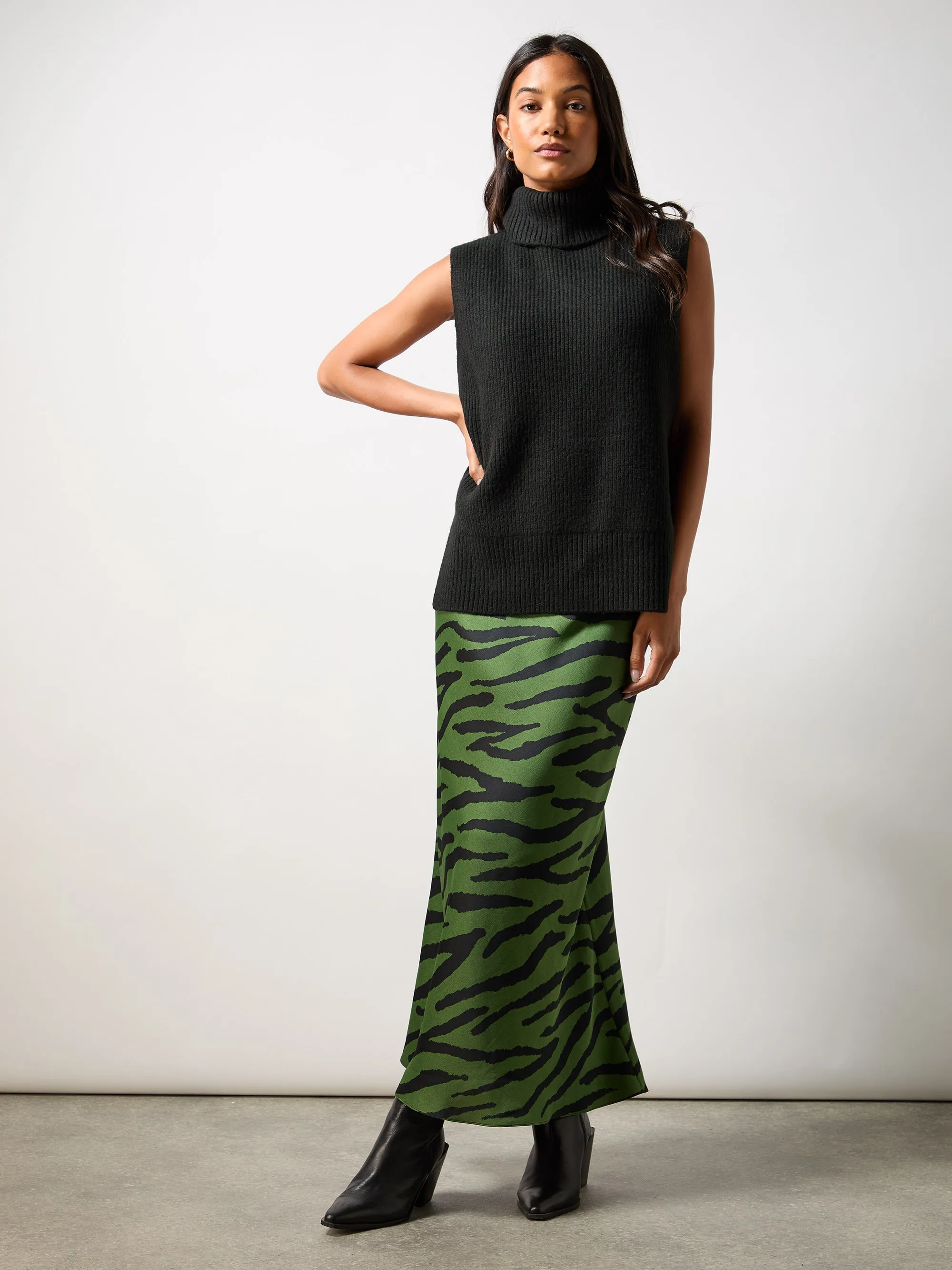 Green Zebra Print Bias Cut Maxi Skirt