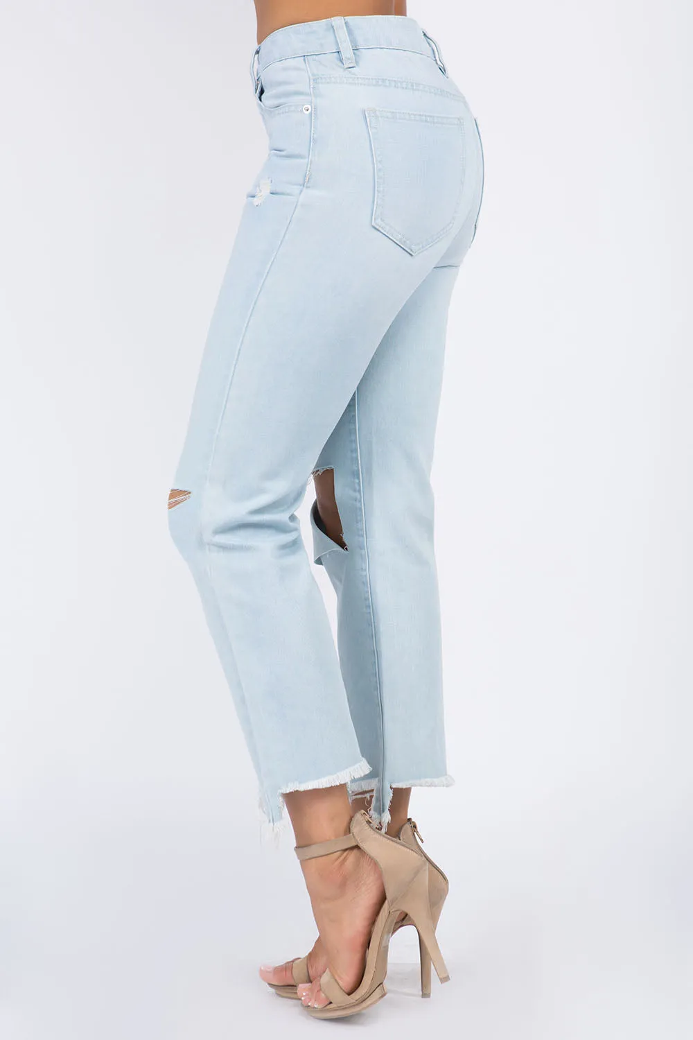 High Waist Distressed Raw Hem Jeans