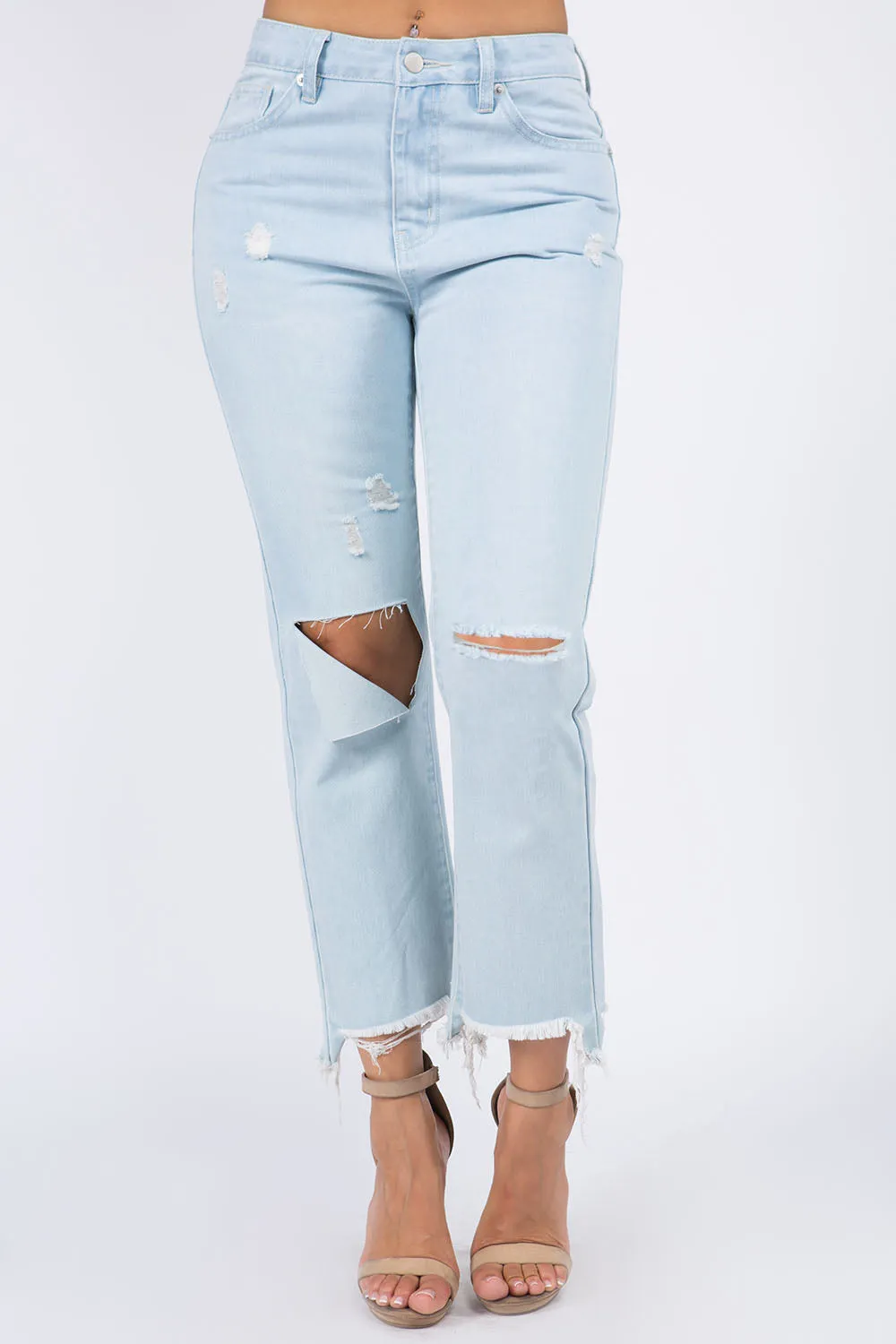 High Waist Distressed Raw Hem Jeans