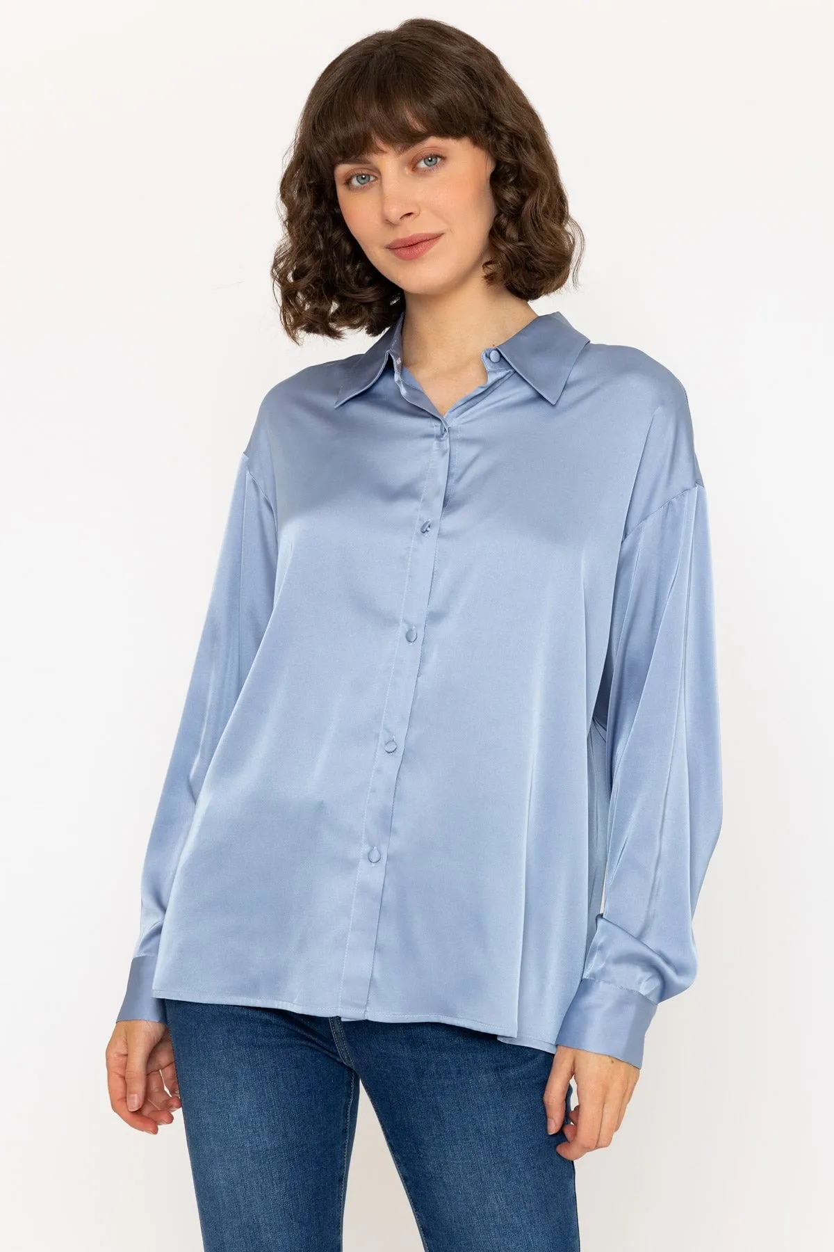 Long Sleeve Satin Oversized Blouse in Light Blue