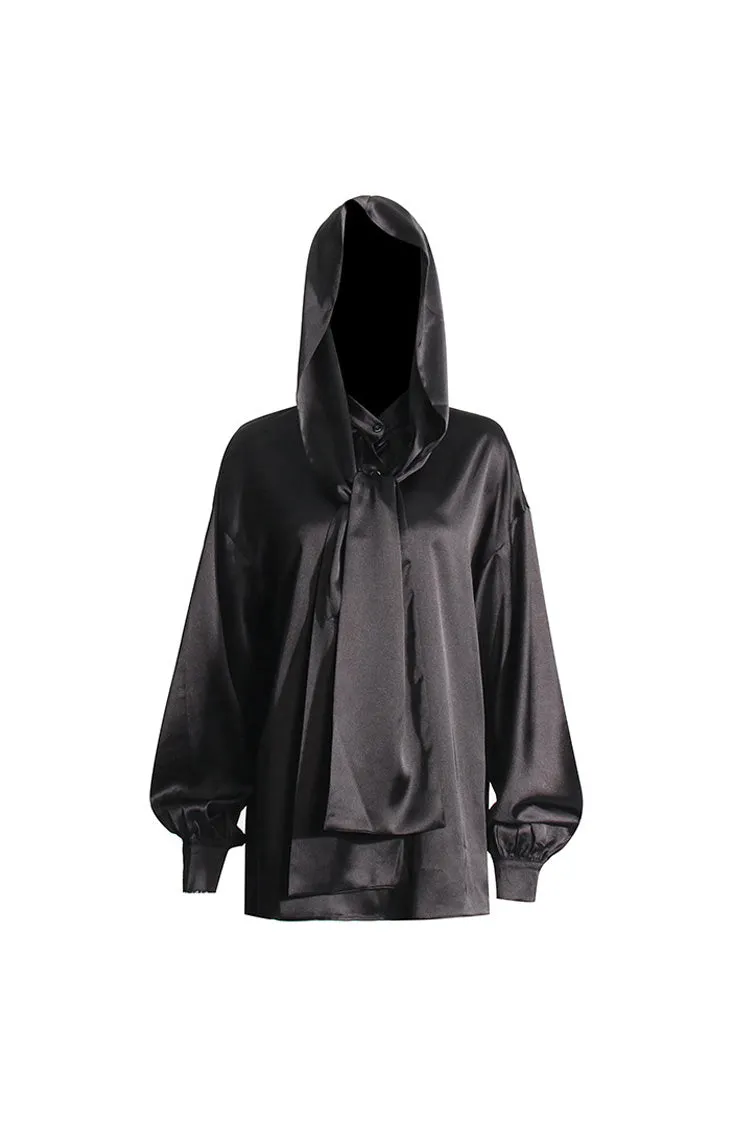 Magical Hooded Button Down Bow Tie Bishop Sleeve Oversized Satin Blouse