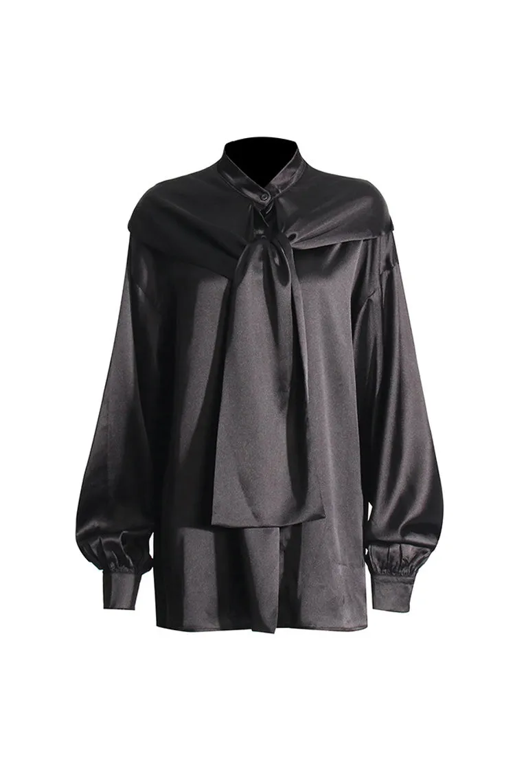 Magical Hooded Button Down Bow Tie Bishop Sleeve Oversized Satin Blouse