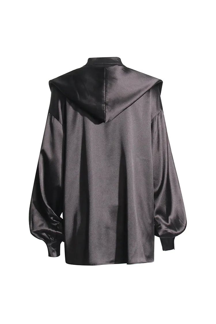 Magical Hooded Button Down Bow Tie Bishop Sleeve Oversized Satin Blouse