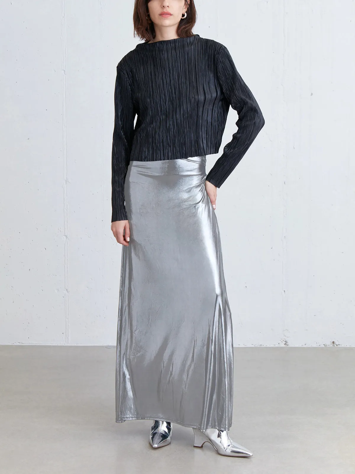 Metallic Silver Graceful Maxi Skirt