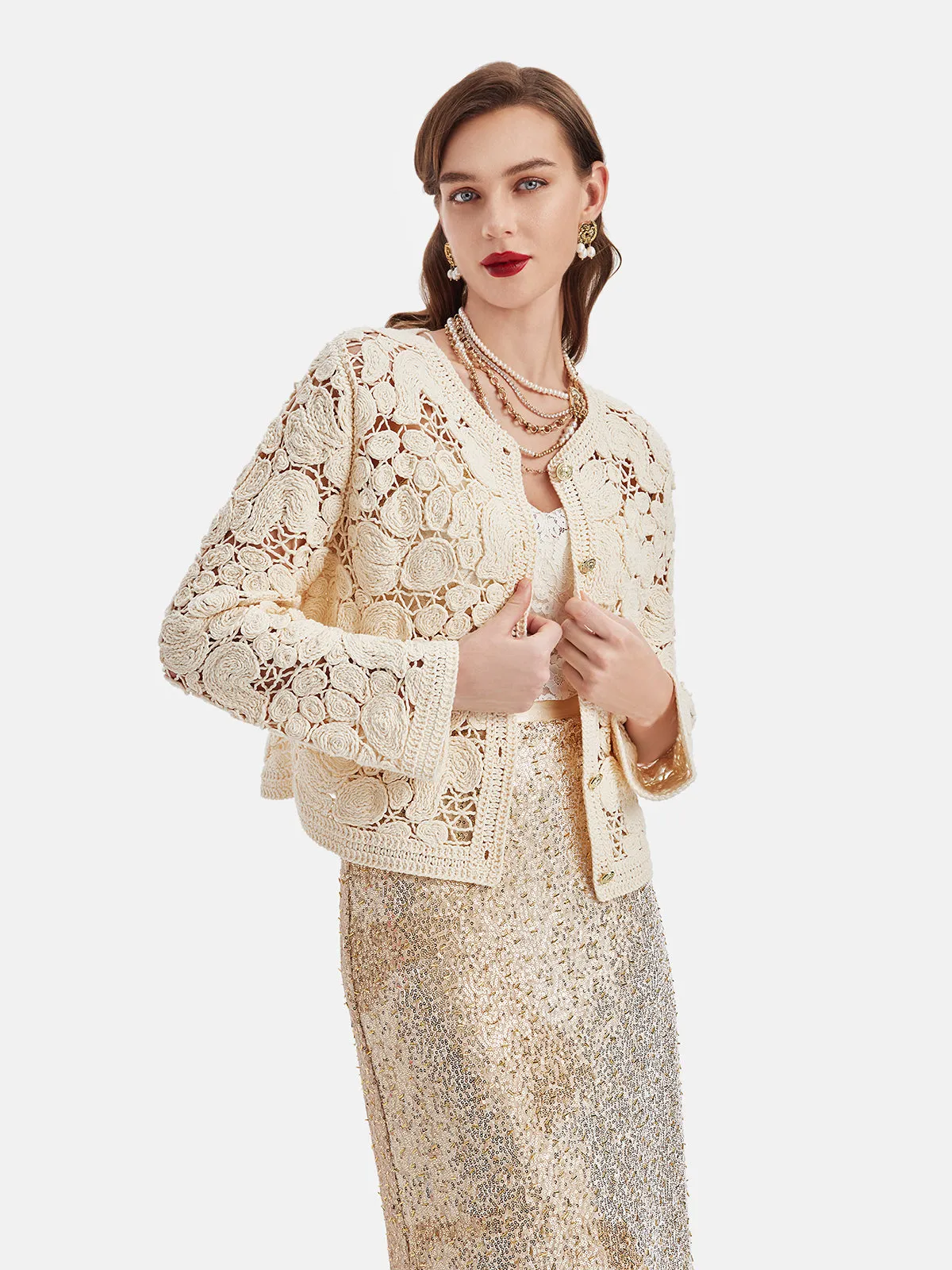 Openwork Floral Knit Cardigan