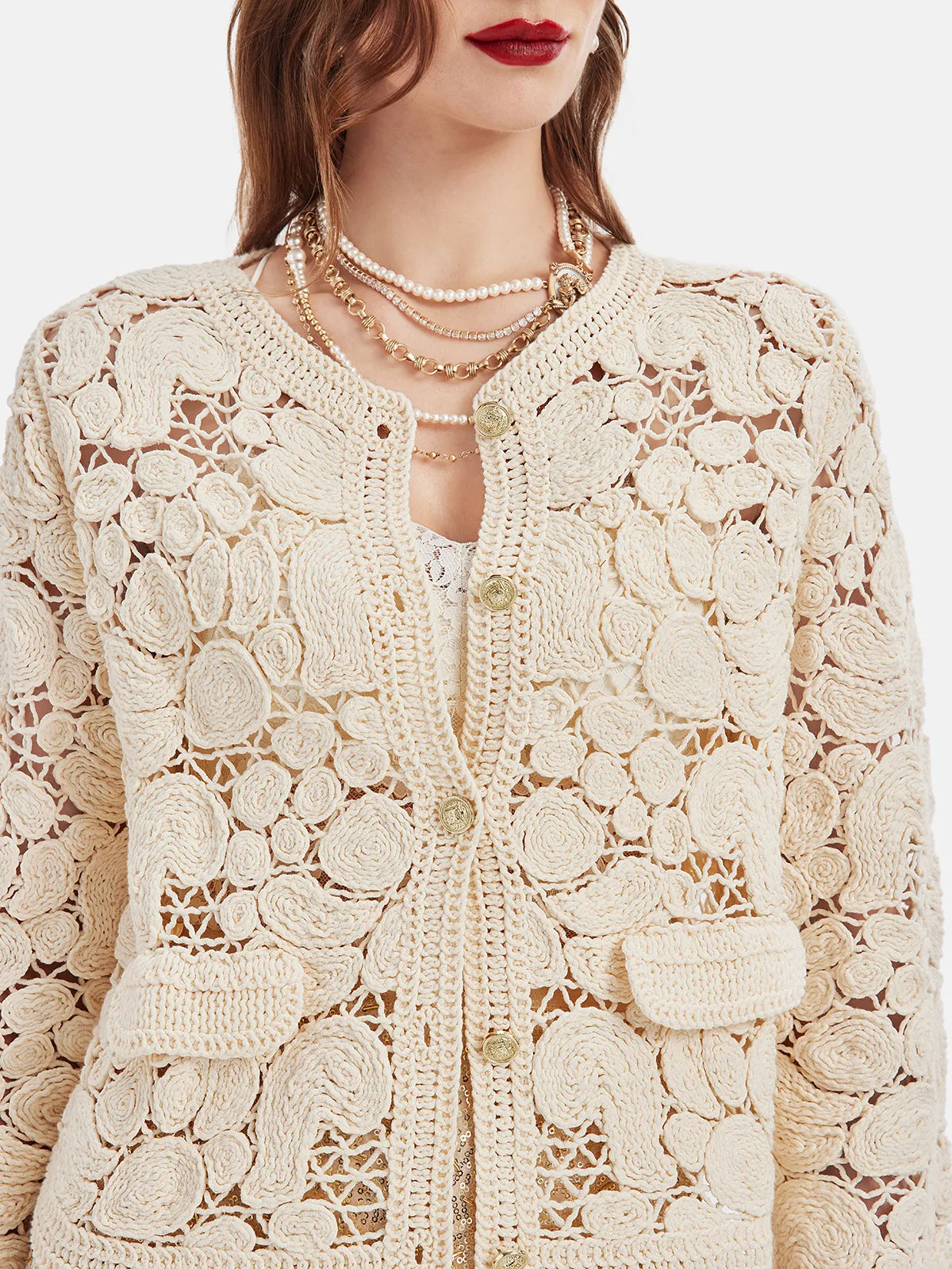 Openwork Floral Knit Cardigan