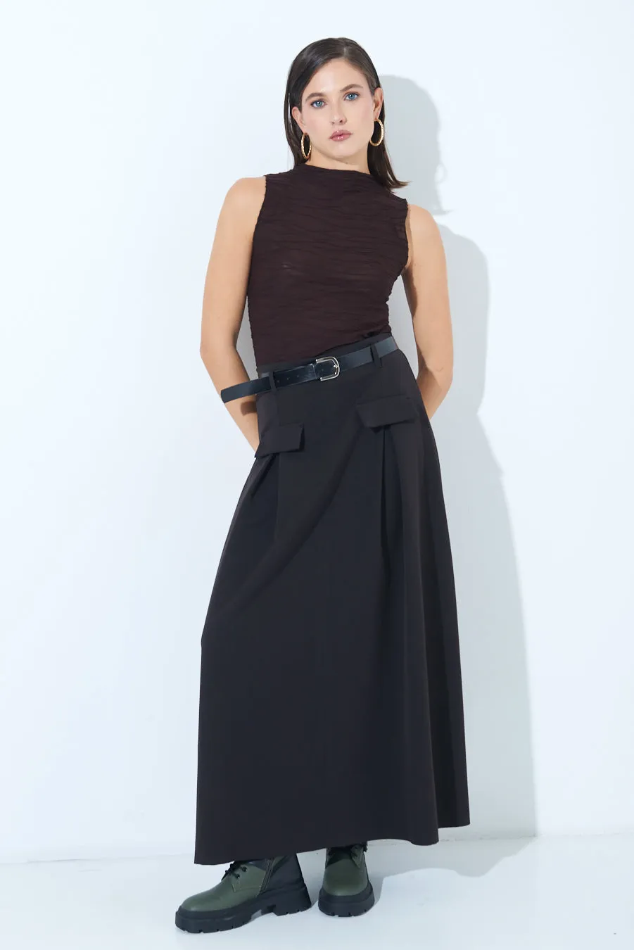 Pleated maxi skirt with belt loops wholesale