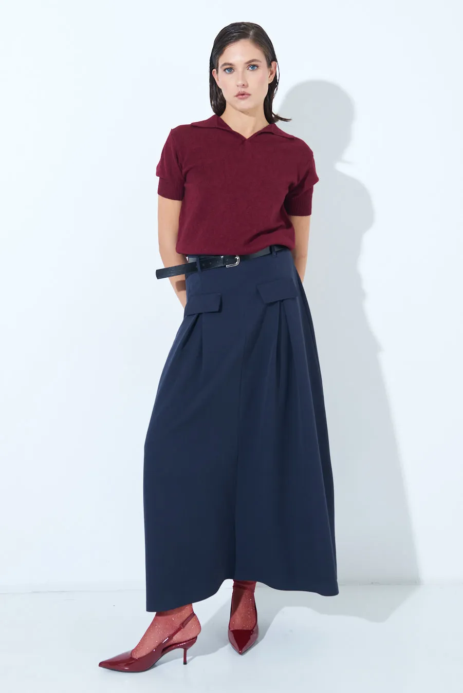 Pleated maxi skirt with belt loops wholesale