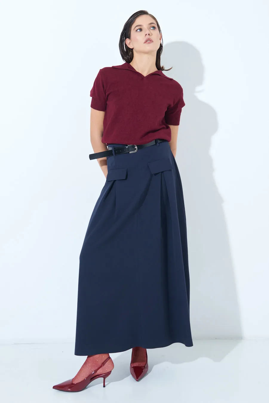 Pleated maxi skirt with belt loops wholesale