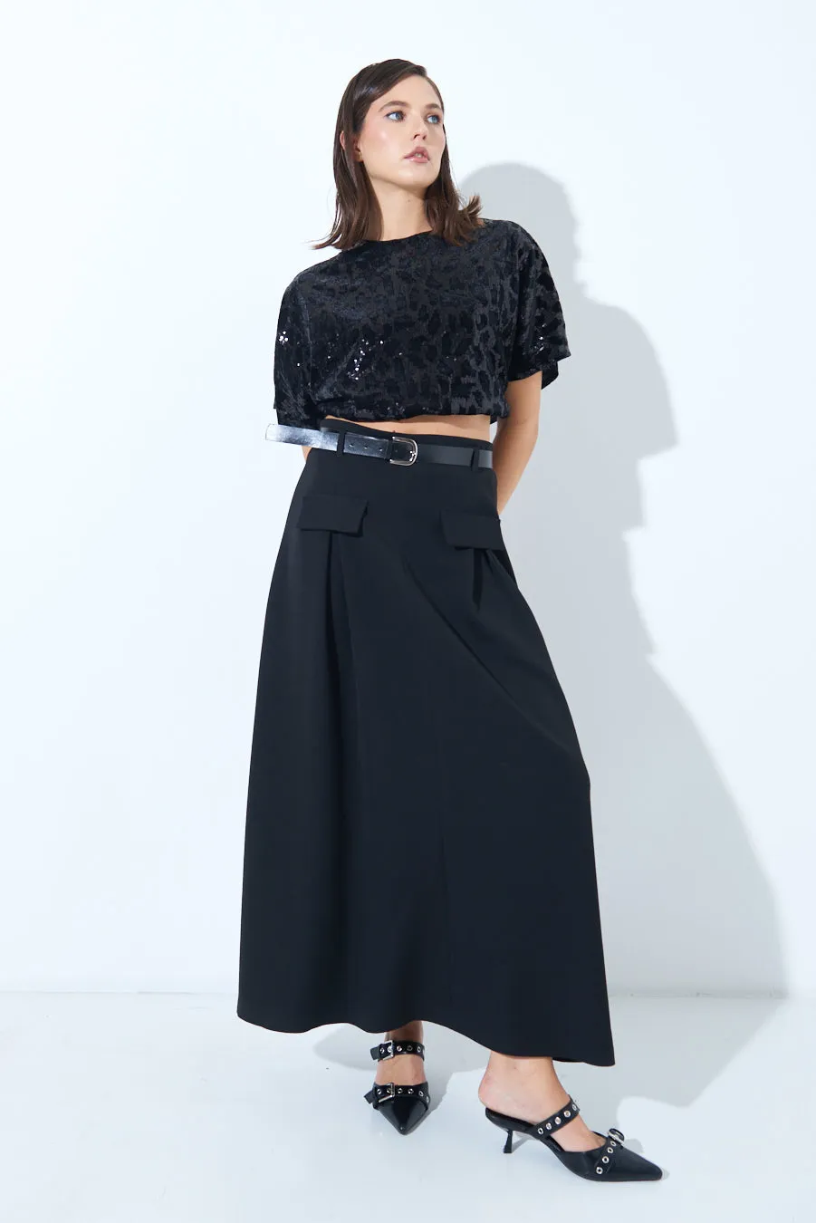 Pleated maxi skirt with belt loops wholesale