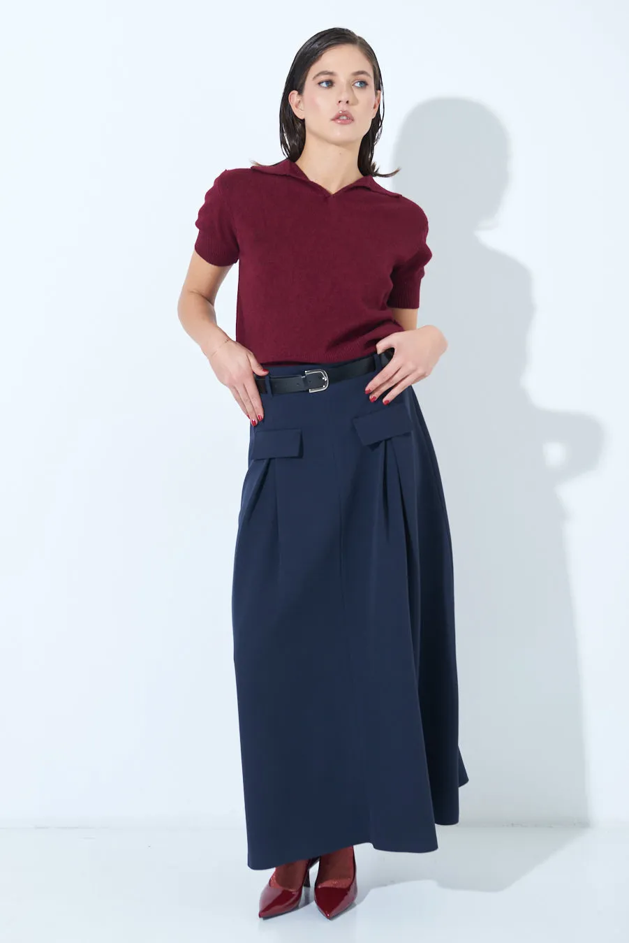 Pleated maxi skirt with belt loops wholesale