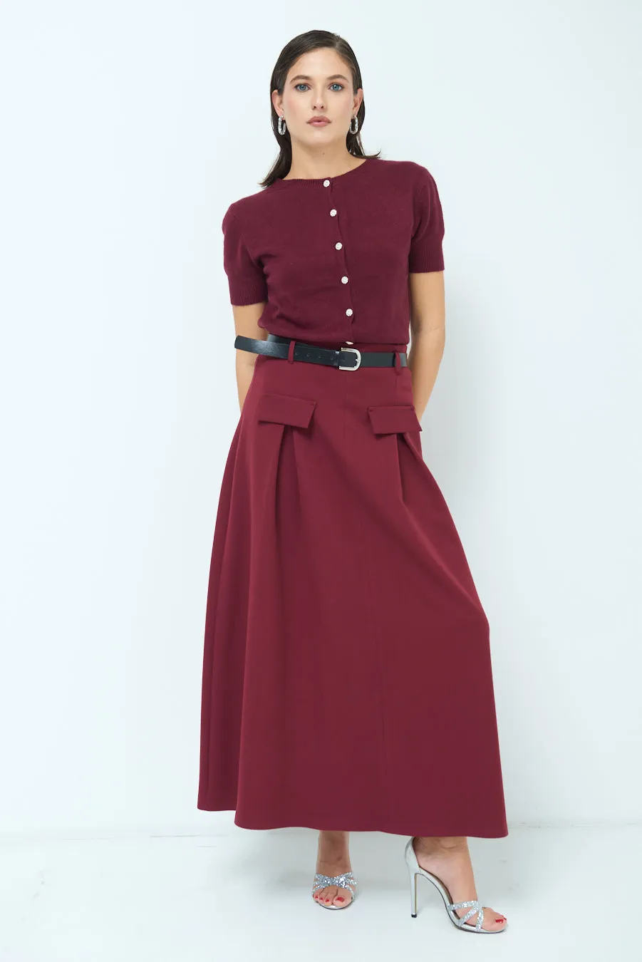 Pleated maxi skirt with belt loops wholesale