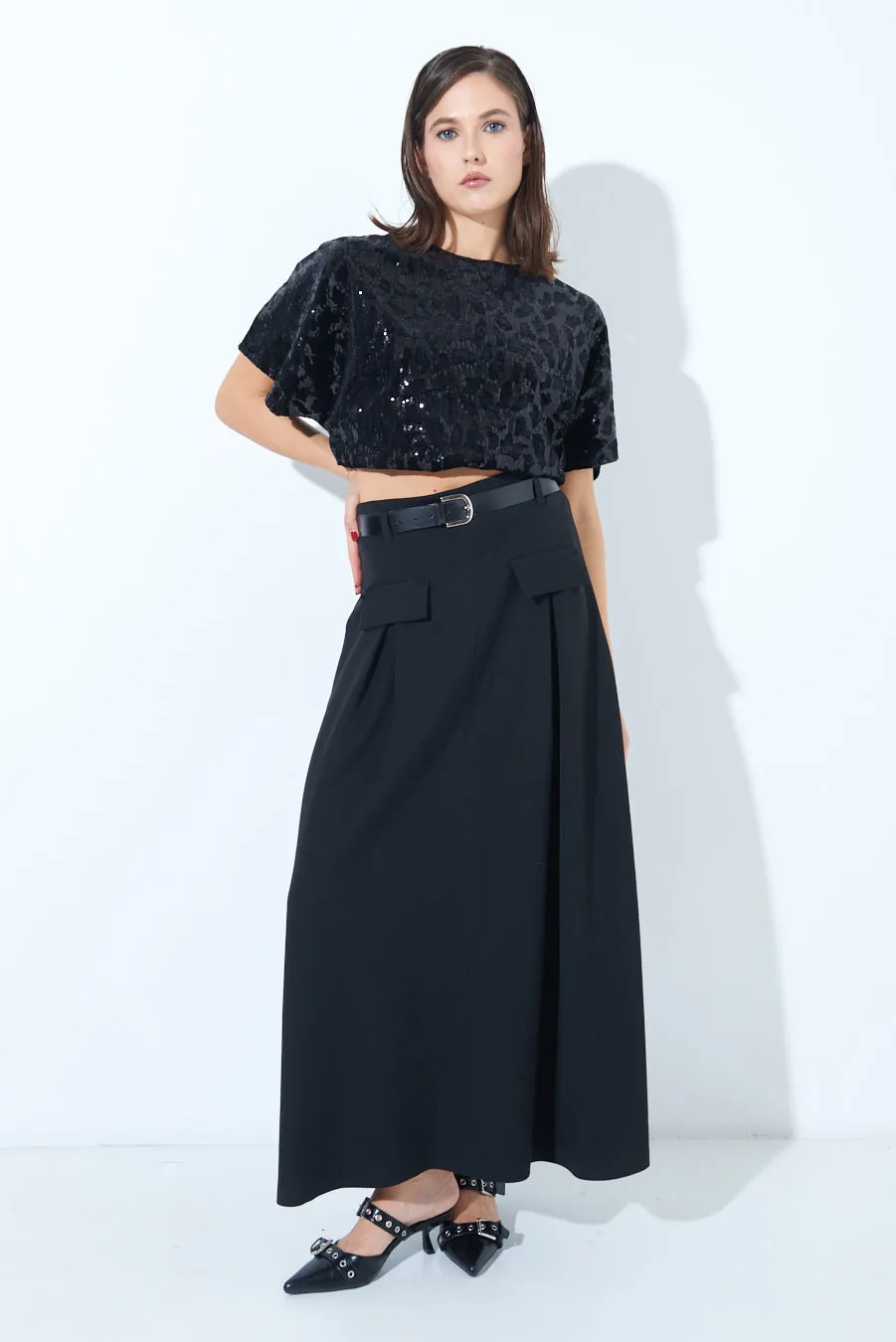 Pleated maxi skirt with belt loops wholesale