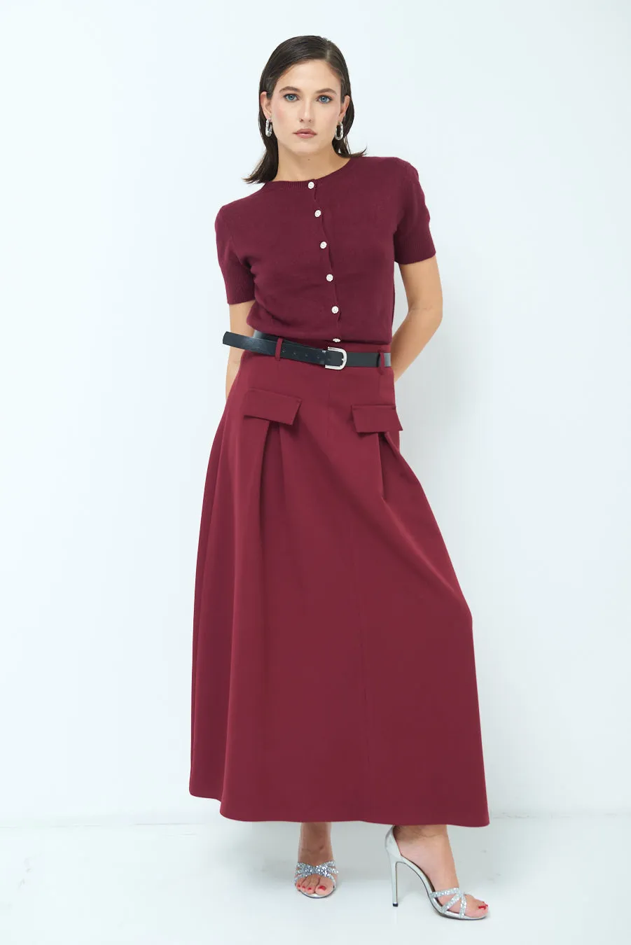 Pleated maxi skirt with belt loops wholesale