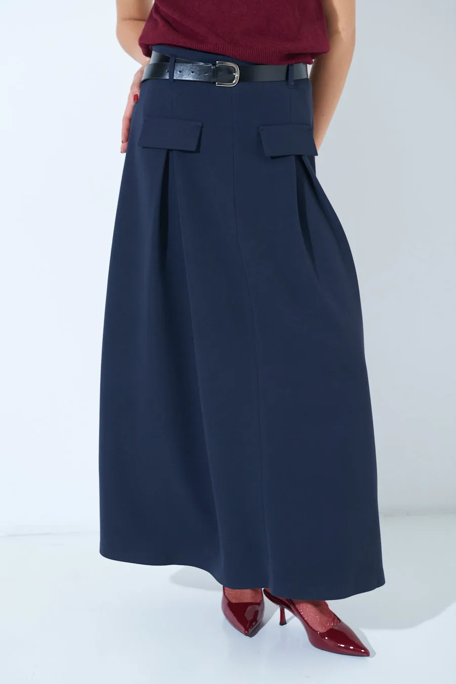 Pleated maxi skirt with belt loops wholesale