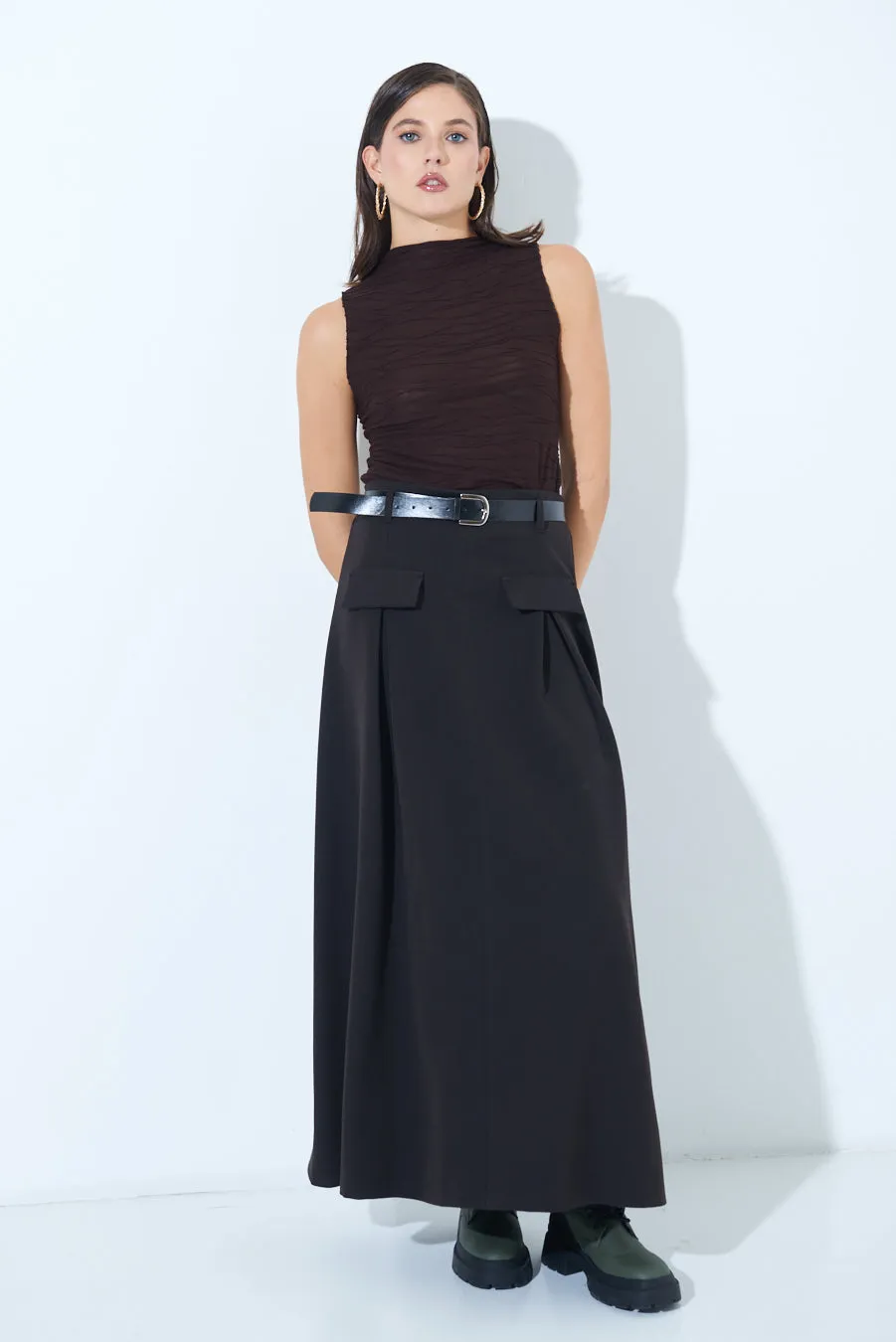 Pleated maxi skirt with belt loops wholesale