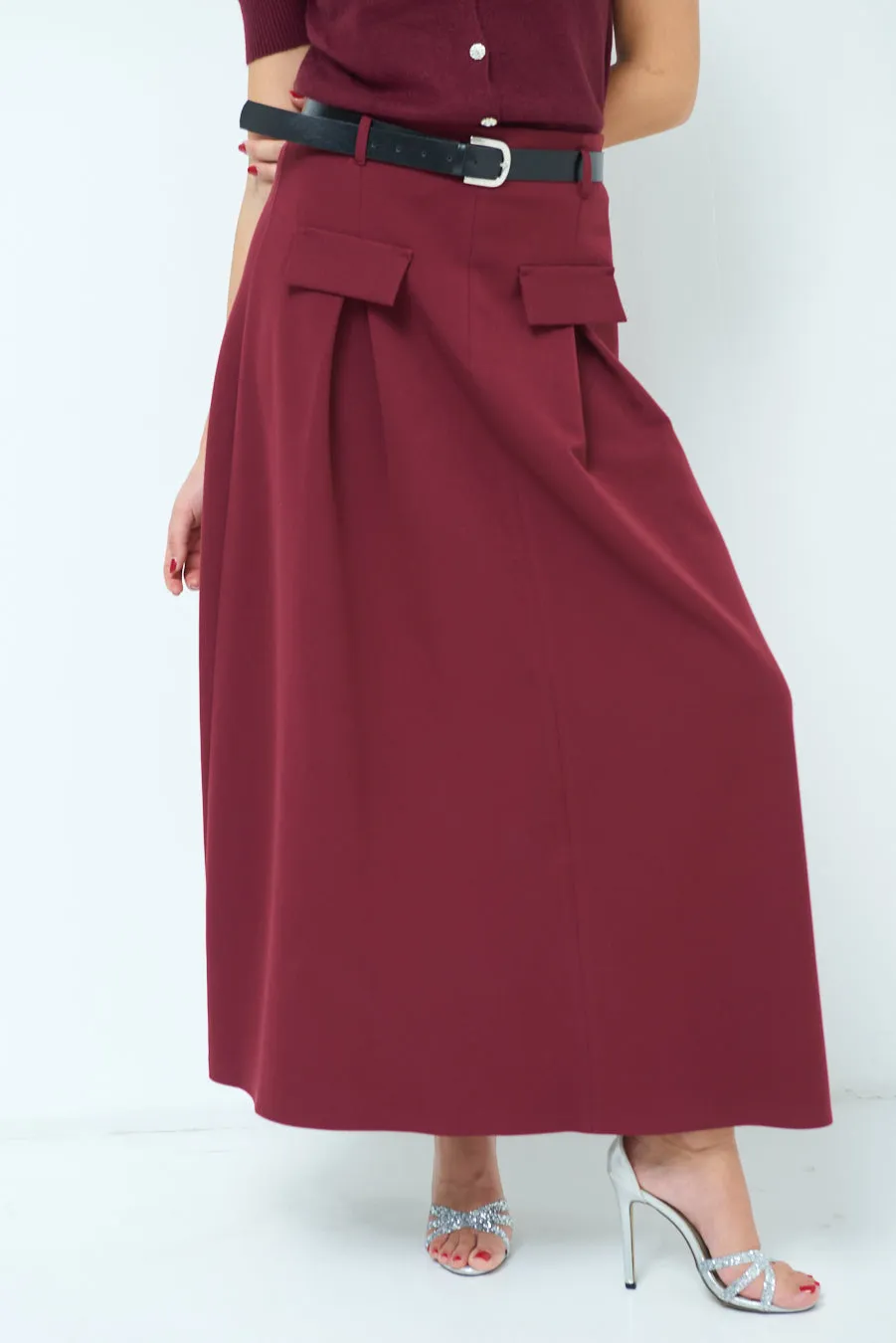 Pleated maxi skirt with belt loops wholesale