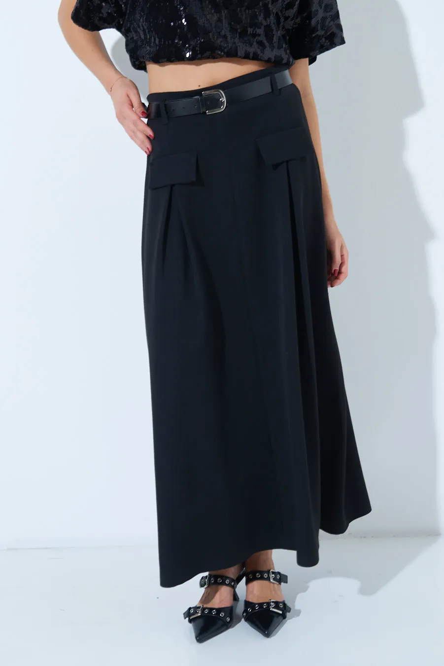 Pleated maxi skirt with belt loops wholesale