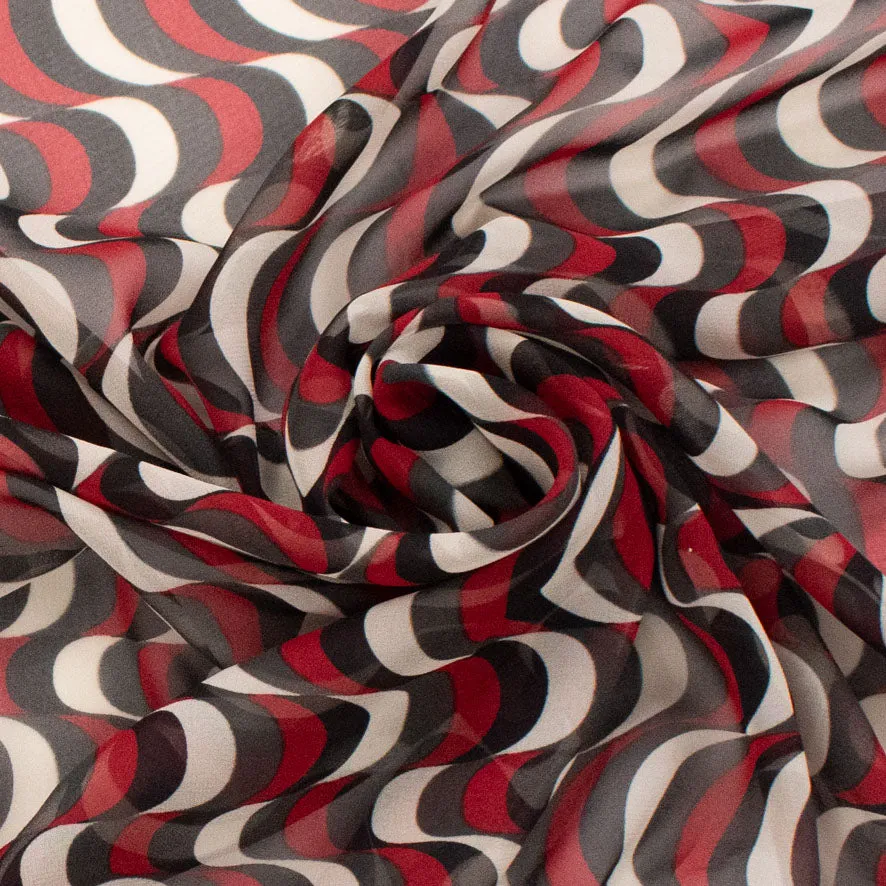 Printed Chiffon Design-243 Black & Red Vintage Retro Wavy