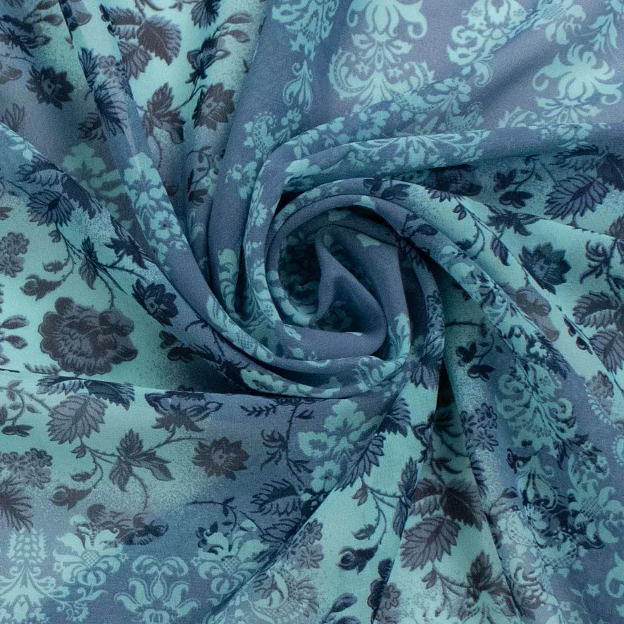 Printed Chiffon Design-247 Blue Floral Vines & Damask