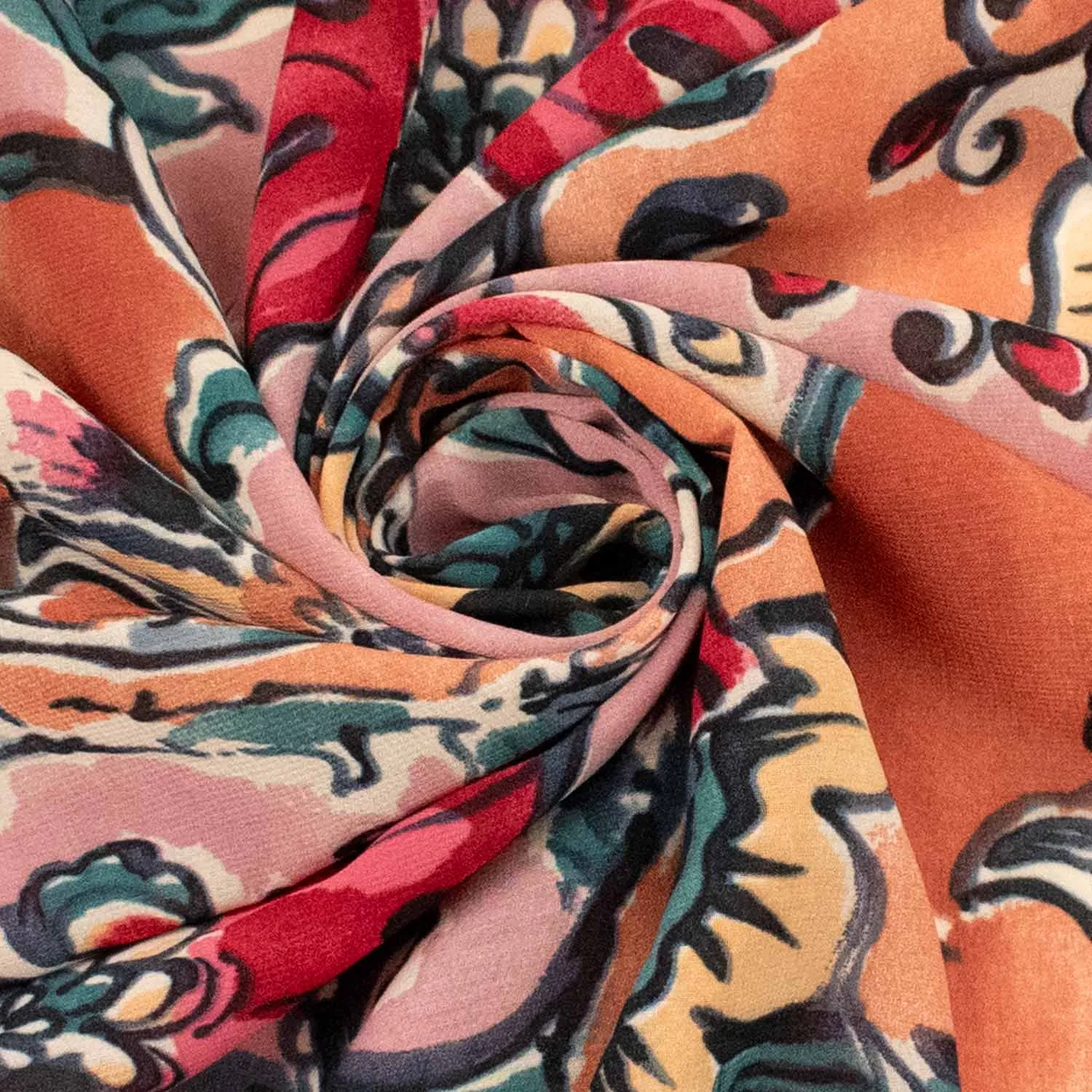 Printed Chiffon Red & Orange Batik Flowers on Baby Pink